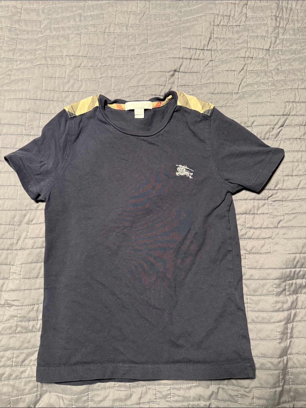 Burberry Navy Short Sleeve Tee with Beige Check Shoulder Accents